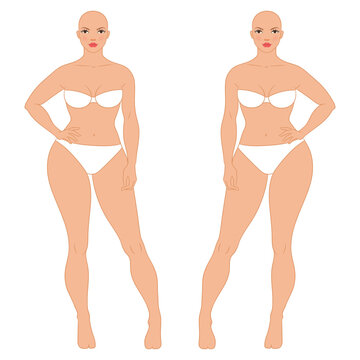 Plus size female fashion figure posing, vector template. Beautiful curvy woman body vector illustration. Female colored croquis. 