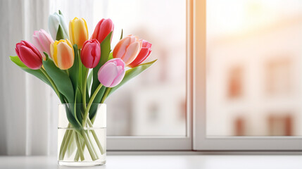 Beautiful colorful tulips in glass vase on white table