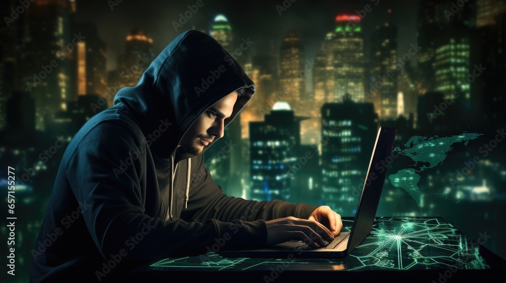 Leinwandbilder hacker using laptop with world map background, digital neon lights.