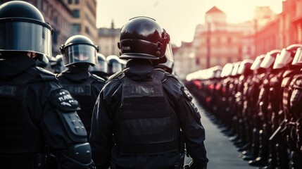 Naklejka premium Riot police ready to Fight Angry Mob.
