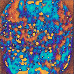 Abstraktes Bild, Wasserflasche mit Kondenswasser Tropfen, mit Farbverlauf in Blau, orange, braun,...