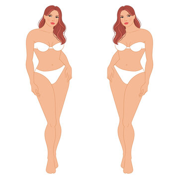 Plus size female fashion figure posing, vector template. Beautiful curvy woman body vector illustration. Female colored croquis with face and hair. 