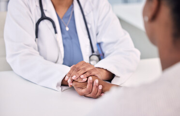 Healthcare, holding hands and doctor with woman in clinic for support. empathy or care. Checkup,...