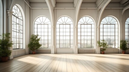 Fototapeta na wymiar Interior studio with large window high ceiling and white wooden floor.