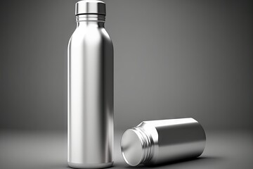 Stainless steel water bottle on a gray background - obrazy, fototapety, plakaty