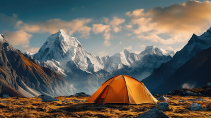 Tent orange on beautiful mountain landscape.