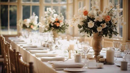 The lovely table decor and floral arrangements in a wedding venue, Wedding concept.