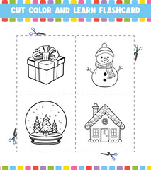 Cut Color And Learn Flashcard Activity coloring book for kids' cartoon character black contour silhouette Christmas theme