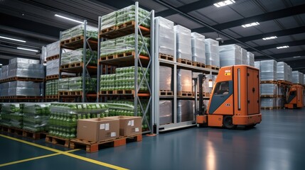 Vegetable storage with cold store boxes in industrial refrigerated warehouse.
