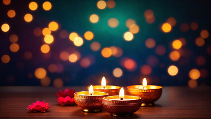 Beautiful diwali oil lamps with bokeh lights background