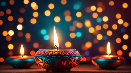 Beautiful diwali oil lamps lit on colorful bokeh background