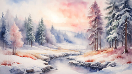 Winter landscape with snow-covered river and pine trees. watercolor painting. - obrazy, fototapety, plakaty
