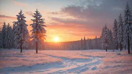 Beautiful winter sunrise in the snowy forest. Winter landscape with snow covered trees. - obrazy, fototapety, plakaty