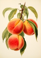two peaches hanging branch leaves botanical high colored texture fill proportionate body parts circa summer vibrance napa fowler food focus dent virile sun