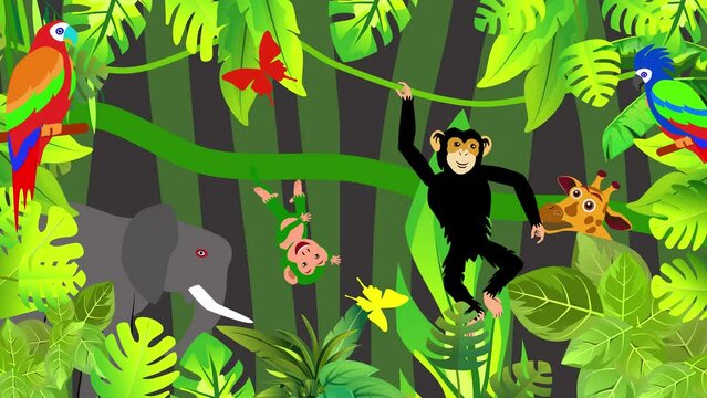 Jungle scene animation monkey giraffe parrot cartoon