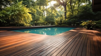 Swimming pool in garden, Wooden floor swimming pool in backyard. - obrazy, fototapety, plakaty