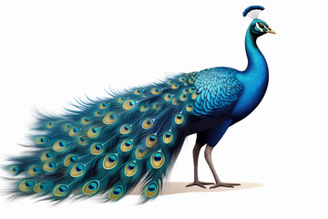 Fototapeta premium Blue peacock with feathers isolated in white background