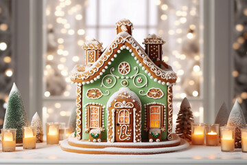 Close up of gingerbread house with pastel green decor and candles on white table. Lights blurred backdrop. Festive and cozy Christmas background.