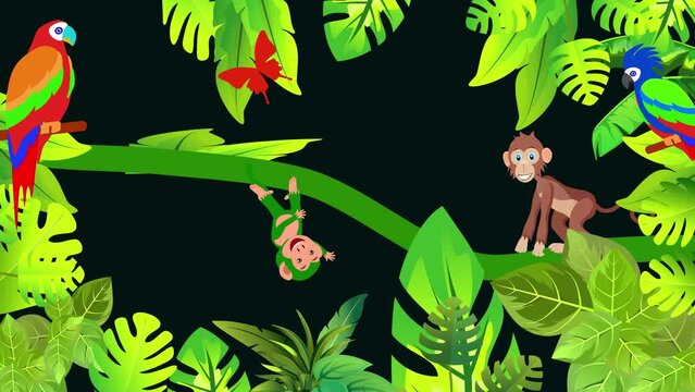 Jungle scene animation monkey giraffe parrot cartoon