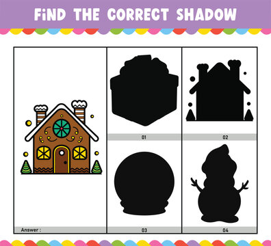 Find the correct shadow educational shadow match game worksheet for kids' cartoon vector illustration Christmas Theme