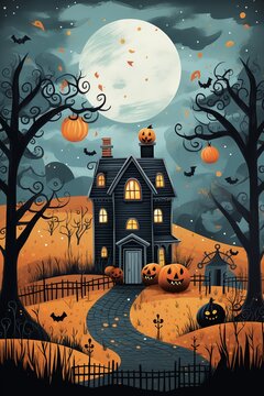 Cartoon Halloween spooky house. Illustrations of a Spooky House for Halloween. Fairytale and fantasy design.  AI Generated.