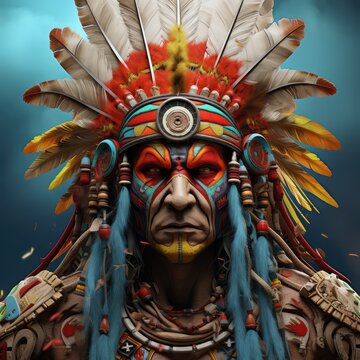 Le portrait d'un chef indien d'Am&eacute;rique du Nord, costume traditionnel, coiffe avec plumes hyper color&eacute;es.