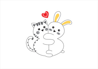two Cute bunny hugging sketch vector illustration. bunny line art hugging.