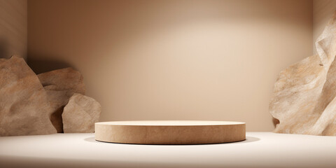 Fototapeta na wymiar beige round podium minimal design ,display for cosmetic .Empty showcase for product presentation