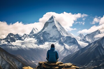 person sitting rock looking mountain top massive mountains nepal amazing immaculate scale inspire overcome quechua - obrazy, fototapety, plakaty