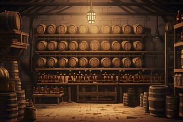 An illustration of a country winery storage room with wooden shelves holding various wine bottles. Generative AI
