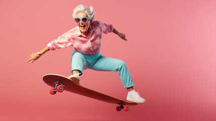 Skateboarding Granny: A Fun and Stylish Mature Woman in Sunglasses, Embracing Her Playful Side on a Skateboard, Set Against a Vibrant Pink Background. - obrazy, fototapety, plakaty