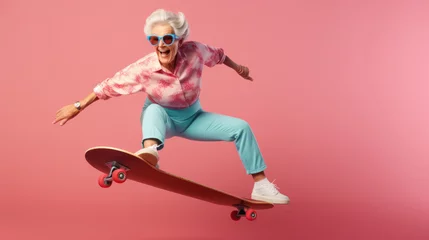 Ingelijste posters Skateboarding Granny: A Fun and Stylish Mature Woman in Sunglasses, Embracing Her Playful Side on a Skateboard, Set Against a Vibrant Pink Background. © Ai Studio