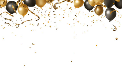 Confetti and balloons in gold and black. Copy space, generative ai, transparent png. Use your own background.