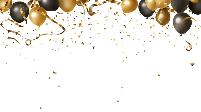 Confetti and balloons in gold and black. Copy space, generative ai, transparent png. Use your own background.