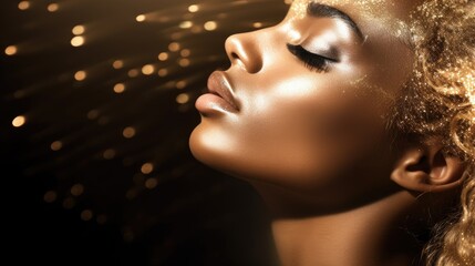 Fototapeta na wymiar Elegant profile of a woman with golden makeup.