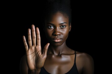 African American woman show palm hand against racial gender discrimination. Determined mixed race female make sign gesture protest against domestic violence or abortion.Stop abuse. Generative by AI.