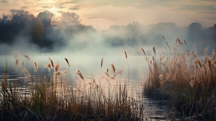 Beautiful serene nature scene with river reeds fog and water - obrazy, fototapety, plakaty