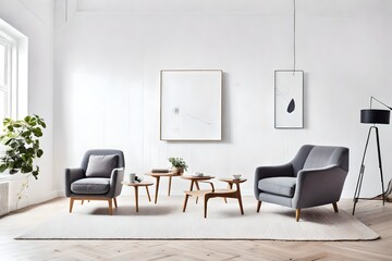 two chairs and table in a room, Imagine a Scandinavian living room featuring a plush gray armchair placed thoughtfully against an empty white wall