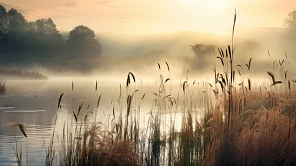 Poster Beautiful serene nature scene with river reeds fog and water © Ziyan Yang