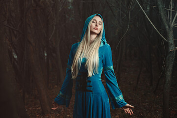 Beautiful fairy woman in winter woods. Fantasy conceptual with medieval dress - 657161692