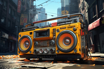 A yellow boombox sitting in the middle of a street