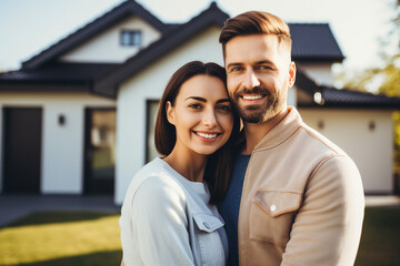 Fototapeta premium Generative AI portrait picture of two people couple in love happily smiling in front of new buy house