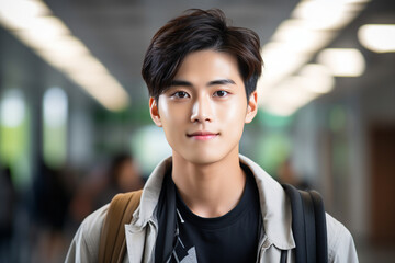 Generative AI image of young asian handsome man with backpack walking park in the city