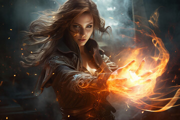 Generative ai collage photo of strong warrior woman fight with fire spell