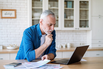 Mature man looking at laptop, calculate expenses, paying bills and taxes online - Powered by Adobe