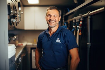 Portrait of a middle aged plumber fixing a kitchen - obrazy, fototapety, plakaty