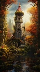 castle middle forest stunning fairy wizard tower advanced enchanted dreams autumn inhabited levels cartoon camelot - obrazy, fototapety, plakaty