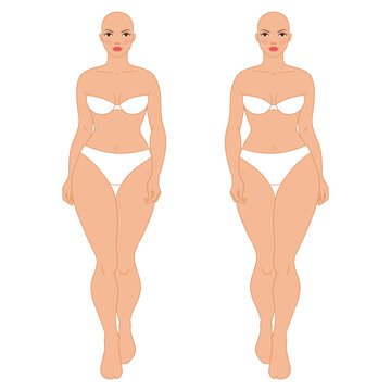 Plus size female fashion figure walking, vector template. Beautiful curvy woman body vector illustration. Female colored croquis. 