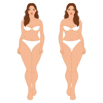 Plus size female fashion figure walking, vector template. Beautiful curvy woman body vector illustration. Female colored croquis with face and hair. 