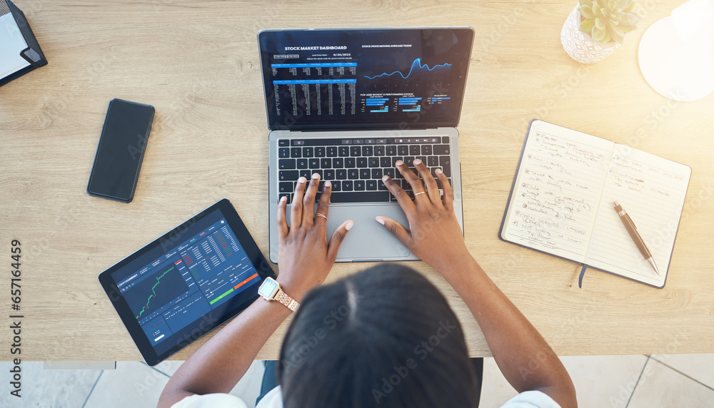 Poster Person, hands and laptop, stock market and trading with tablet, notebook and typing top view of workspace. Cryptocurrency, research and investment with dashboard, stats and graph on screen for trader